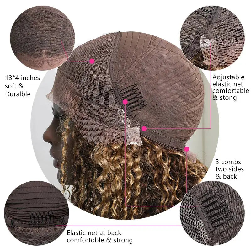 Lace Front Human Hair Highlight Honey Blonde T Part Curly Wigs
