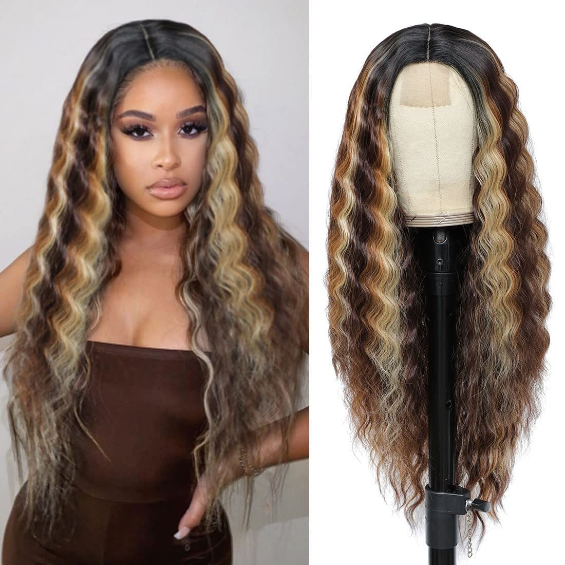 Lace Front Center Synthetic Deep Wave Long Wig