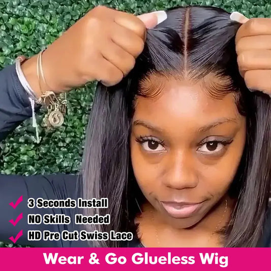 Wear And Go Straight Glueless Human Hair Bob Wig  Lace Closure Natural Hairline Preplucked Pre Cut Wig