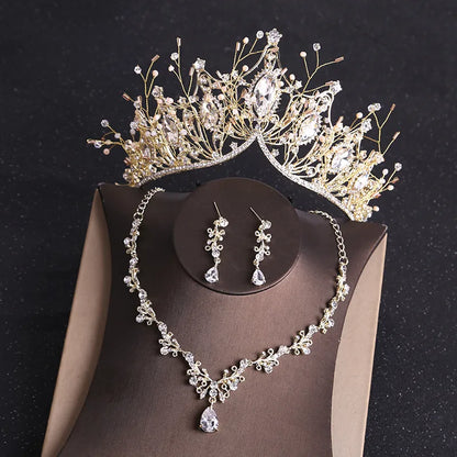 Women Bridal Jewelry Sets Rhinestone Crystal Tiara Crown Earrings & Necklace Wedding Bride Luxury Jewelry Set