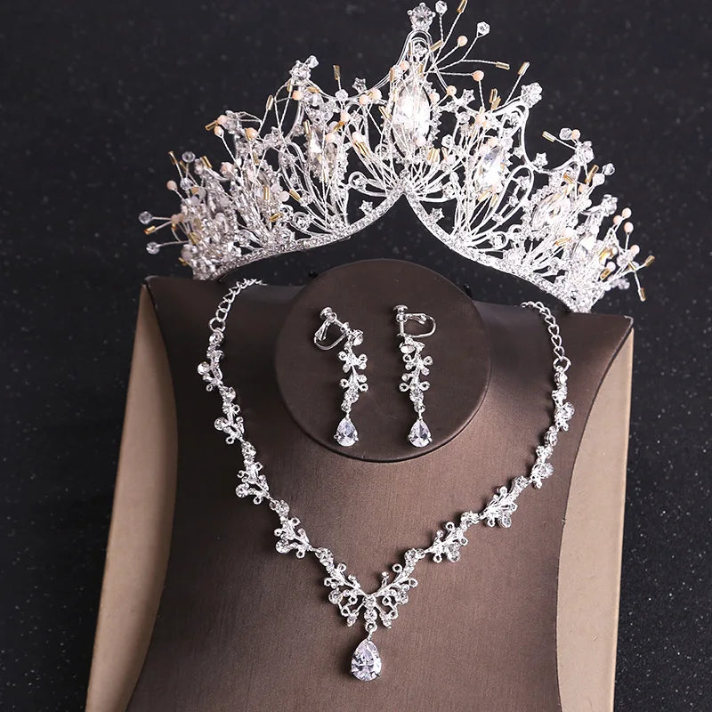 Women Bridal Jewelry Sets Rhinestone Crystal Tiara Crown Earrings & Necklace Wedding Bride Luxury Jewelry Set