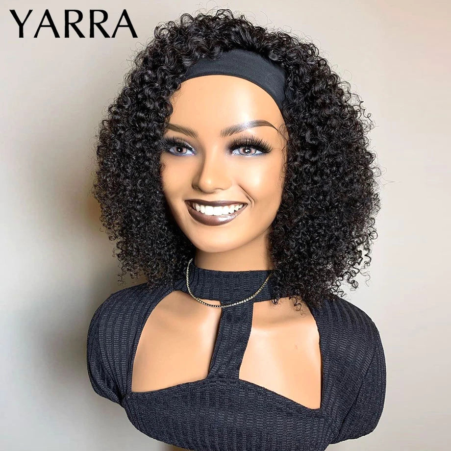 Kinky Curly Headband Mongolian Human Hair Wigs for Black Women