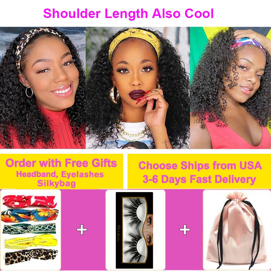 Kinky Curly Headband Mongolian Human Hair Wigs for Black Women