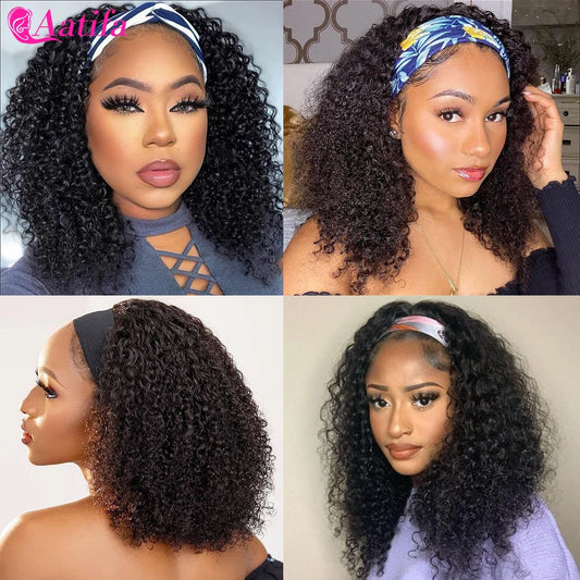 Kinky Curly Headband Malaysian Human Hair Wigs