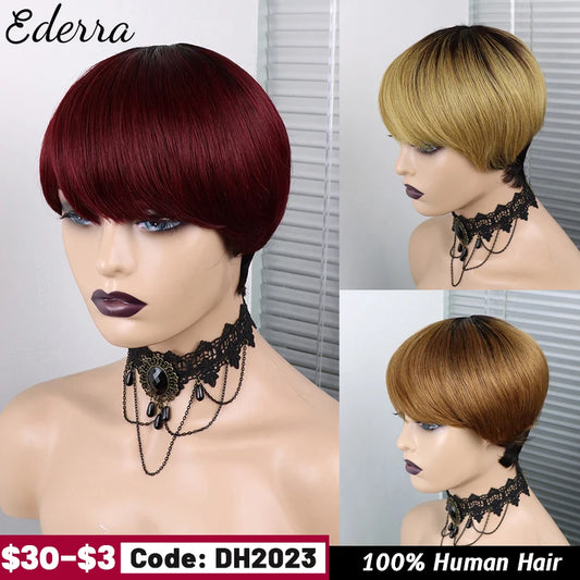 Short Straight Pixie Cut Human Hair Wigs with Bangs