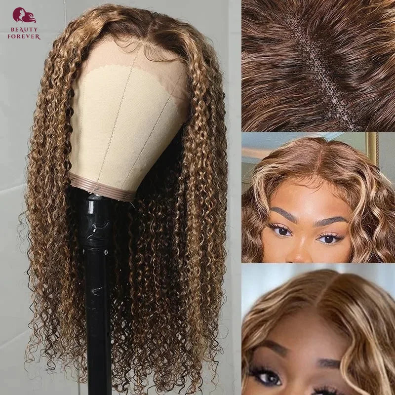 Lace Front Human Hair Highlight Honey Blonde T Part Curly Wigs