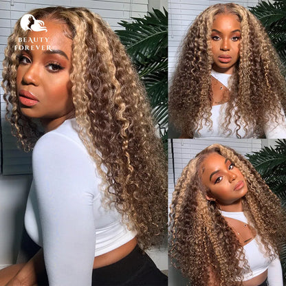 Lace Front Human Hair Highlight Honey Blonde T Part Curly Wigs