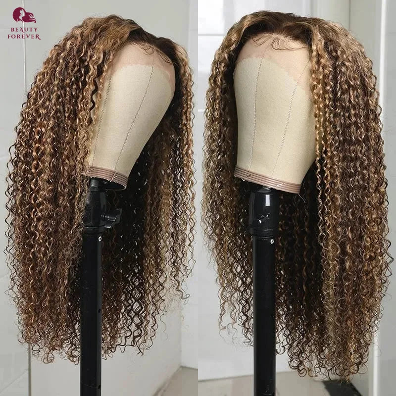 Lace Front Human Hair Highlight Honey Blonde T Part Curly Wigs